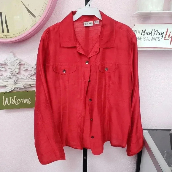 Chico's Red Silk Button Down Shirt/Jacket - Picture 1 of 4